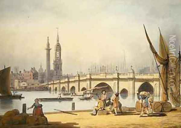 London Bridge and the Monument 1795 Oil Painting - Francis Nicholson