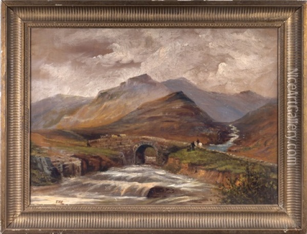 Mountain Landscape With Stone Bridge Over A Stream Oil Painting - Thomas Hill