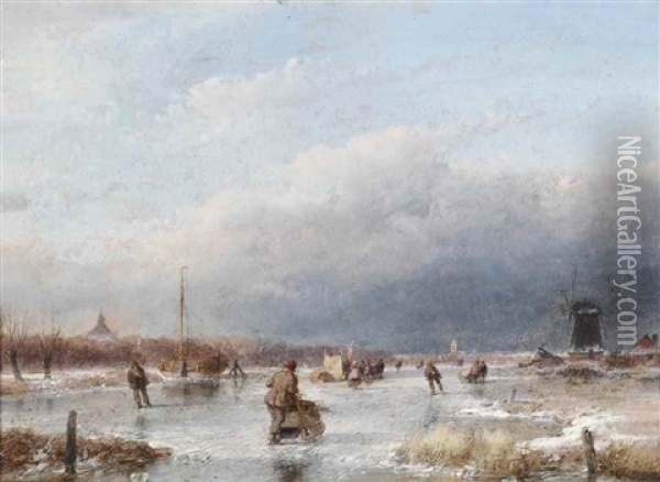 Ice Skating On A Frozen River Oil Painting - Andreas Schelfhout
