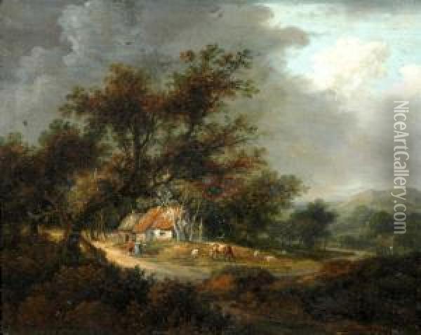 Figures Before A Cottage And Animals Nearby Oil Painting - Meindert Hobbema