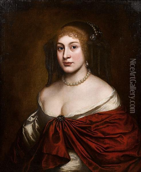Portrait Of A Lady, Bust-length, In A Whitesilk Dress, A Red Wrap And A Pearl Headdress Oil Painting - Pieter Nason