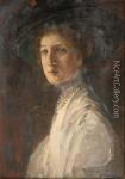 Bust Length Portrait Of Mrs Baker Wearing A Hat Oil Painting - John Lavery