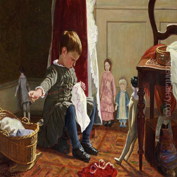 Little Girl Sewing In A Corner Of The Living Room Surrounded By Her Dolls Oil Painting - Axel Helsted