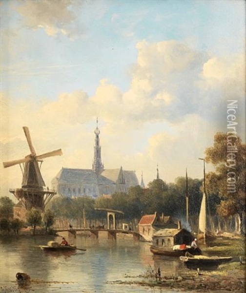 A View Of Haarlem With St. Bavo Cathedral From The River Oil Painting - Everhardus Koster