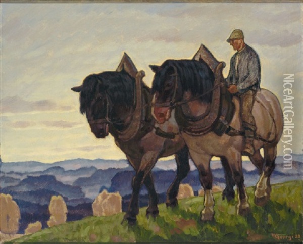Heimkehrender Bauer Mit Zwei Pferden In Abendlicher Landschaft Oil Painting - Walter Georgi