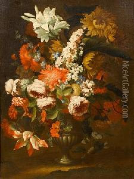 Roses, Tulips, Chrysanthemums Tulips Andlilies In An Urn Oil Painting - Karel Van Vogelaer, Carlo Dei Fiori