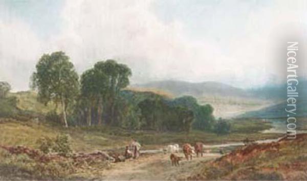 A Drover And Cattle In A Scottish Landscape Oil Painting - John Faulkner