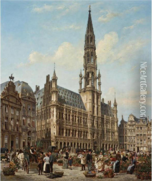 The Flower Market In The Grande Place, Brussels Oil Painting - Cornelis Christiaan Dommersen