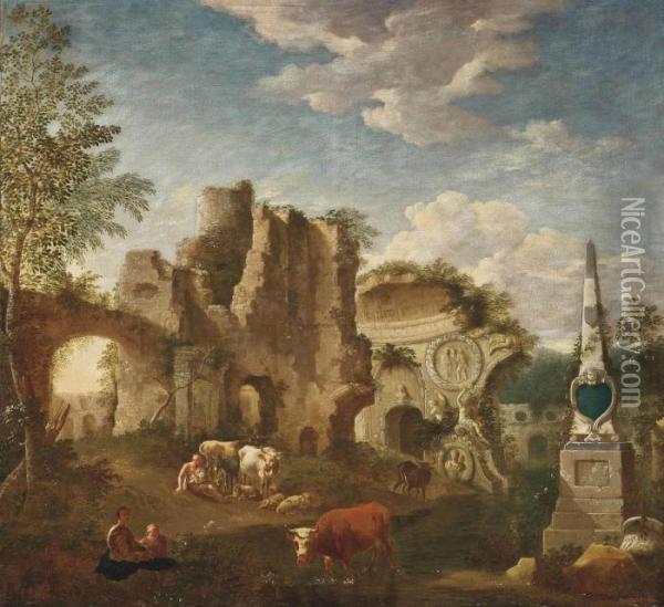 An Italianate Landscape With Classical Ruins, Drovers And Their Herd At Rest Oil Painting - Jan Griffier I