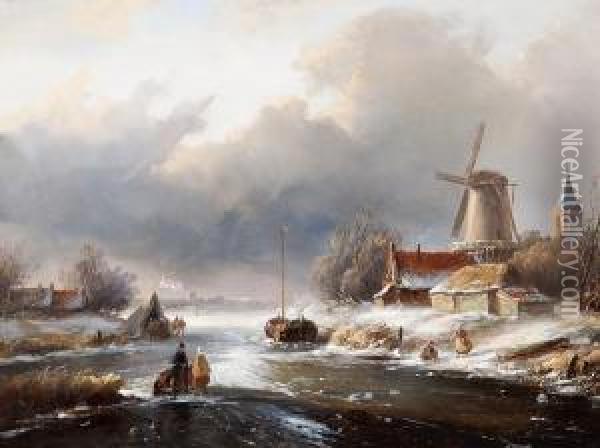 Skaters By A Food And Drinks Stall In Awinter Landscape Oil Painting - Charles Henri Leickert