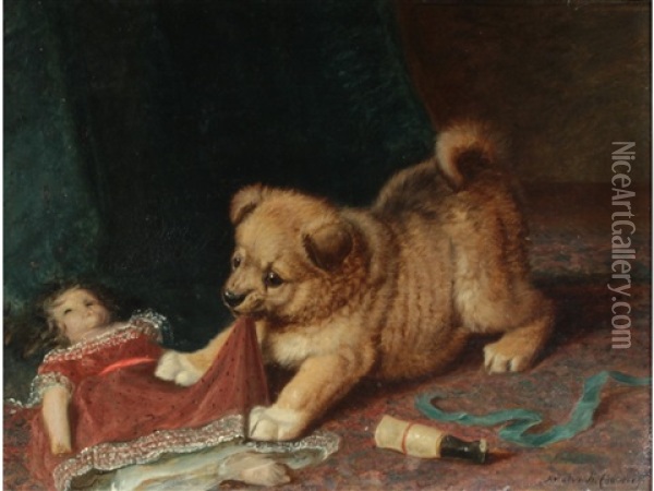 A Dog Pulling At A Doll's Dress Oil Painting - Horatio Henry Couldery