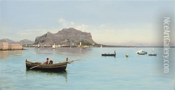 Fishermen Before The Monte Pellegrino In Palermo, Sicily Oil Painting - Francesco (Luigi) Lojacono