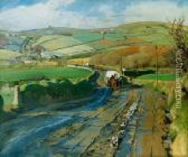 Haulers On A Country Road, Newlyn Oil Painting - Harvey Harold