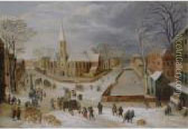 An Urban Winter Landscape With A Farrow Of Pigs In The Foreground Oil Painting - Joos De Momper