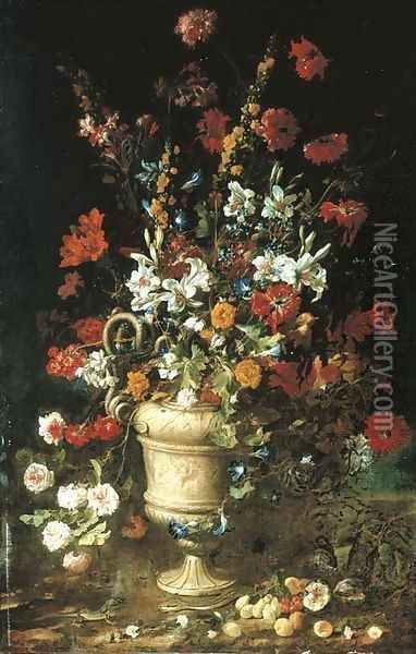 Roses, hollyhocks, lillies, convovulus and other flowers in a classical urn with fruit, a lizard and a snake Oil Painting - Paolo Porpora