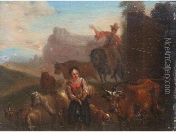 Figures With Cattle Sheep And Goats In A Landscape At Sunset Oil Painting - Nicolaes Berchem