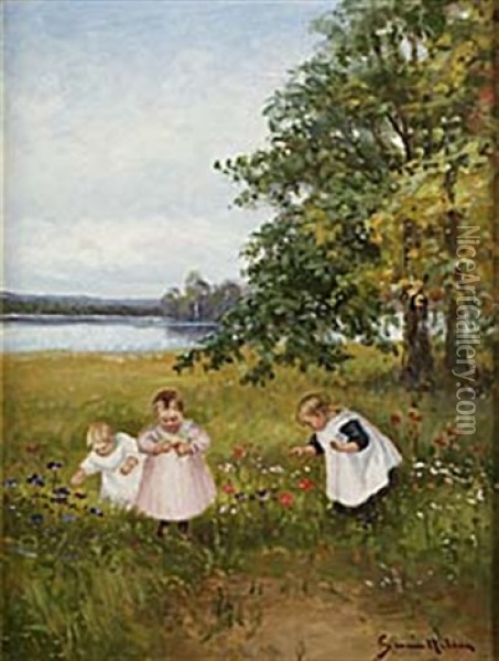 Blomplockande Barn Oil Painting - Johan Severin Nilsson