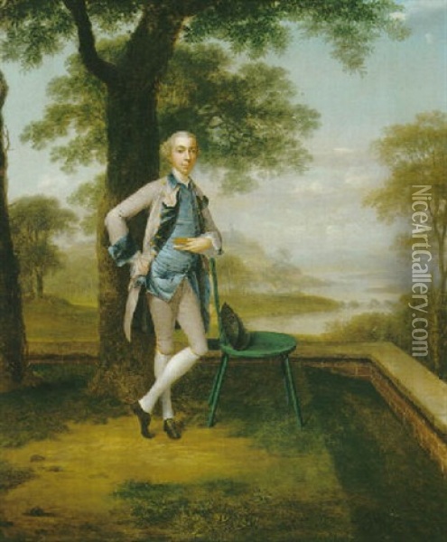 Portrait Of A Gentleman, Full Length, Standing On A Terrace, Wearing A Grey Suit And Blue Waistcoat, A River Landscape Beyond Oil Painting - Arthur Devis