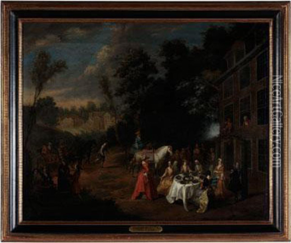 Elegant Party Outside A Country Inn Oil Painting - Pieter Angillis