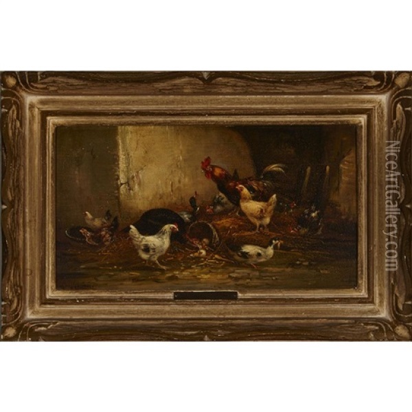 Two Interior Barn Scenes: A Turkey, Cocks, Chickens And Ducks; A Peacock With Hens And Chicks (pair) Oil Painting - Claude Guilleminet
