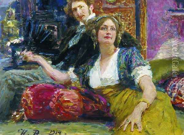 Portrait of poet, prose writer, translator and dramatist Sergei Mitrofanovich Gorodetsky with his wife Oil Painting - Ilya Efimovich Efimovich Repin