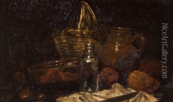 Still-life With Fruits, Basket And Clay Pot Oil Painting - Columbano Bordalo Pinheiro