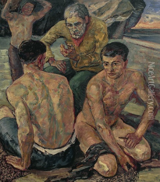 Junge Fischer Am Strand Werden Von Einem Alten Instruiert Oil Painting - Hermann Troeltsch