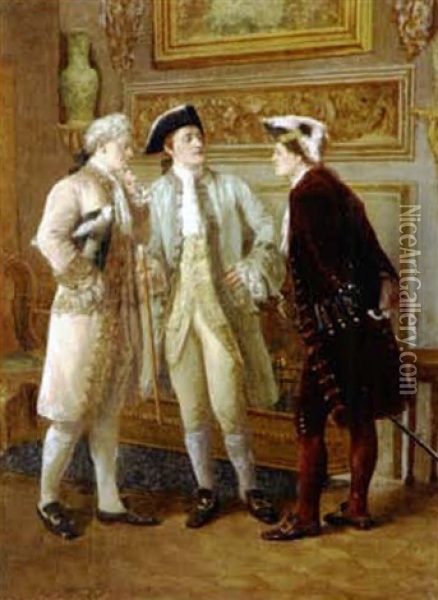 Interior With Three Young Gentlemen Standing By A Chimney Piece Oil Painting - George Ogilvy Reid