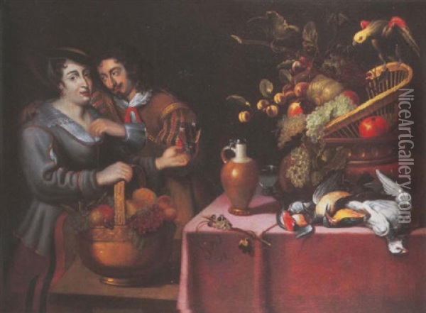 A Gentleman Courting A Maid Holding A Copper Basket And Roemer By A Draped Table With A Basket Of Fruit, Dead Game And A Parrot Oil Painting - Jan Cossiers