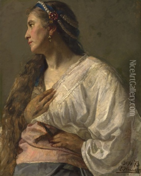 Die Italienische Braut (bildnis Einer Jungen Frau Mit Perlenhaarschmuck Und Goldohring) Oil Painting - Ernst Henseler