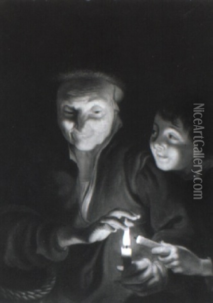 An Old Woman And Young Boy Lighting Candles Oil Painting - Gottfried (Johann Gottfried) Schadow