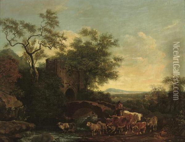 An Italianate Wooded River Landscape With A Drover And His Cattleby A Bridge Oil Painting - Nicolaes Berchem
