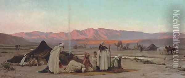 Prayer at Sunset outside Barka, Oman Oil Painting - Adolf Karol Sandoz