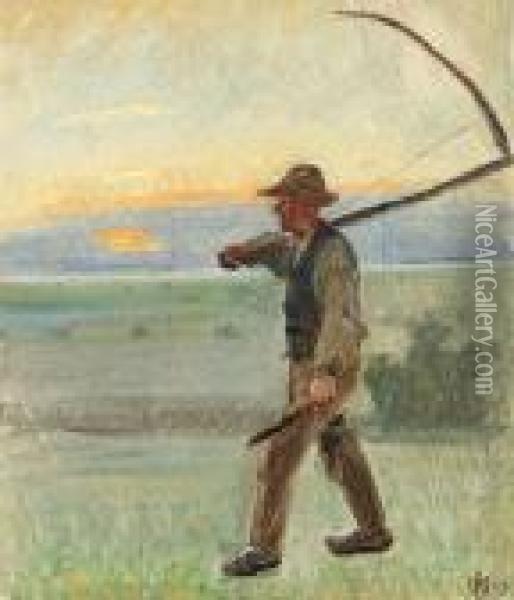 Evening In Skagen With Soren Rytter In The The Field Oil Painting - Michael Ancher