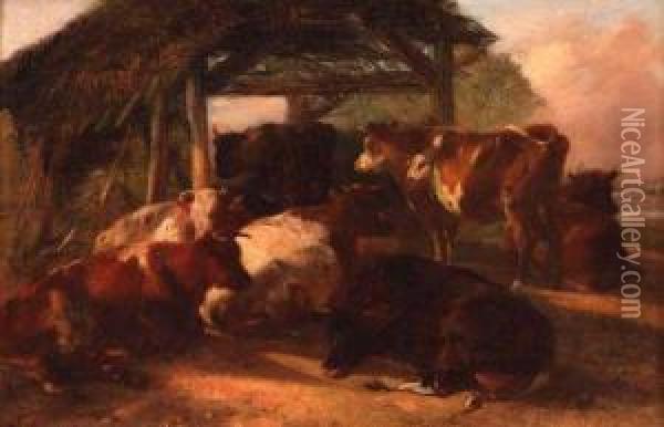 Cattle Before A Shed Oil Painting - Henry Weekes