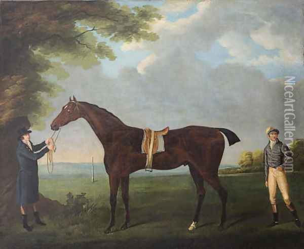 Diamond, held by a Groom, with his jockey Dennis Fitzpatrick, in a landscape Oil Painting - John Nost Sartorius