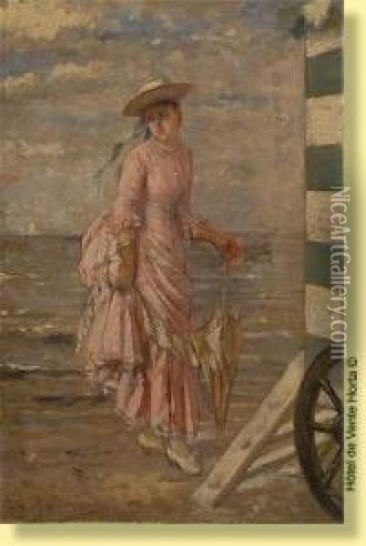 Jeune Femme A La Robe Rose Se Rendant Oil Painting - Albert Roosenboon