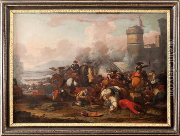 Battaglia Di Cavalieri Sotto Un Castello Oil Painting - Marzio Masturzio