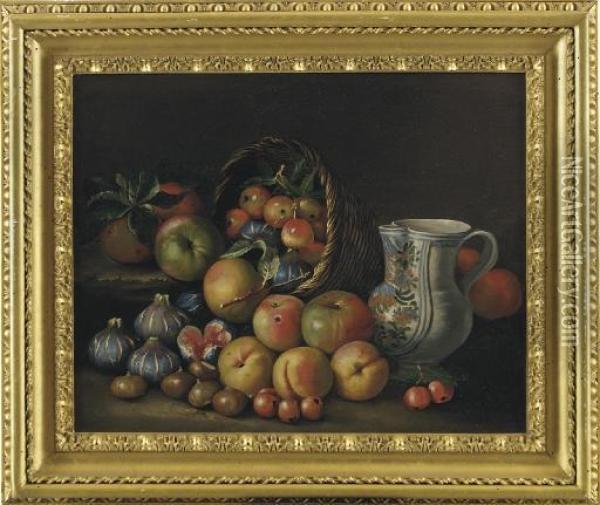 A Basket Of Apples And Figs With Hazelnuts, Cherries, Peaches And A Porcelain Jug On A Ledge Oil Painting - Giacomo Nani