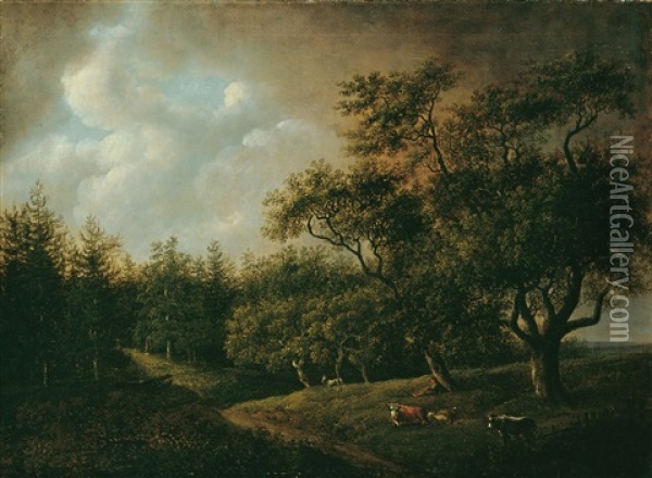 Waldige Landschaft Mit Hirtenjungen Und Herde Oil Painting - Johann Christian Klengel