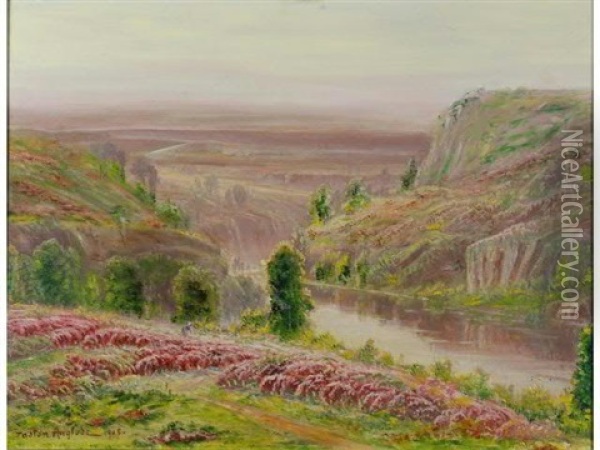 Paysage Aux Bruyeres En Fleurs Pres De La Riviere En Correze Oil Painting - Gaston Anglade