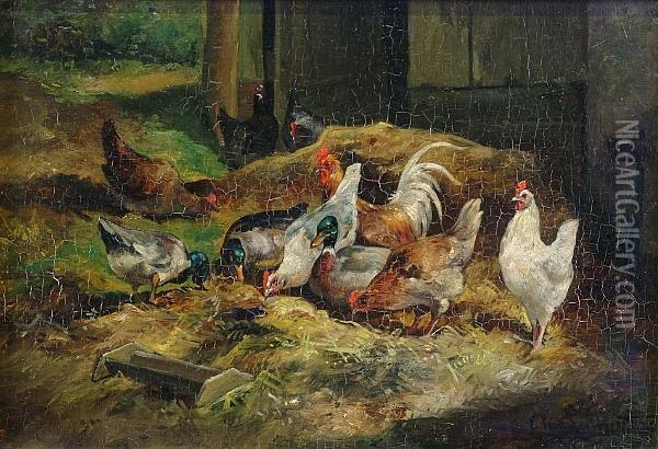 Chickens And Ducks Oil Painting - Cornelis van Leemputten