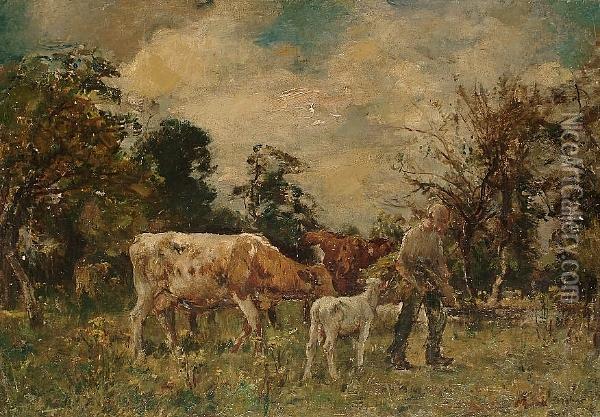 A Cow And Calf Following A Figure Carrying Hay Oil Painting - William Mark Fisher