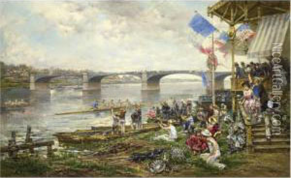 Summer Regatta At The Bridge At Bercy Oil Painting - Ludovico Marchetti