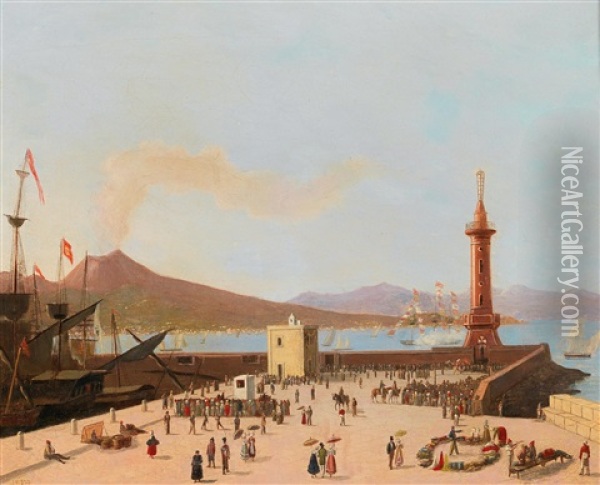 Naples,  The Pier With The Lantern,  Vesuvius In The Background Oil Painting - Joseph Francis Ellis