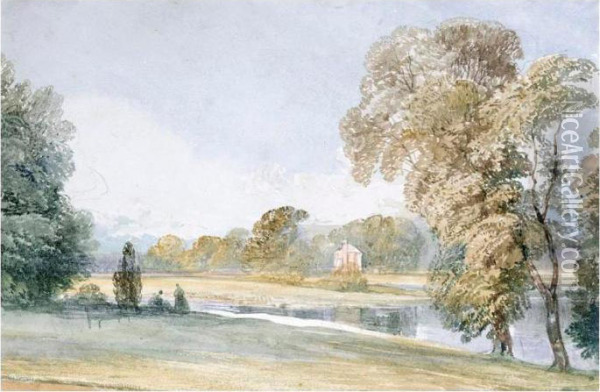 Figures By A Lake, A Cottage Beyond Oil Painting - William Callow