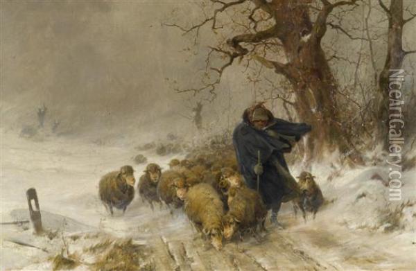 Flock Of Sheep In Winter Oil Painting - Ernst Adolf Meissner