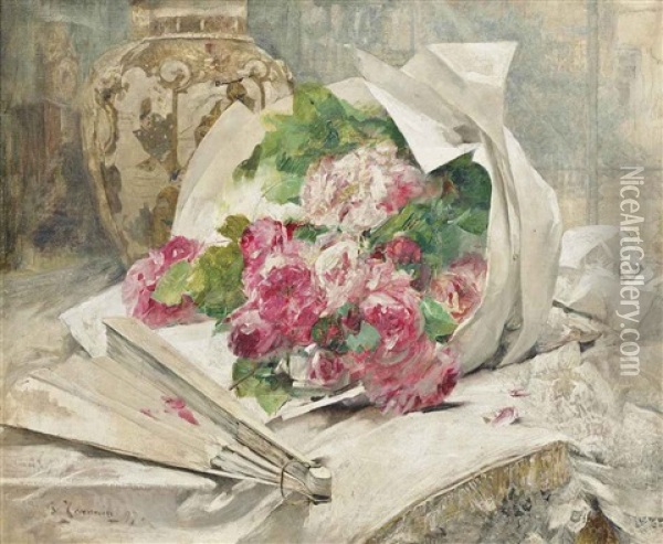 A Bouquet Of Flowers With A Vase And A Fan Oil Painting - Georges Jeannin