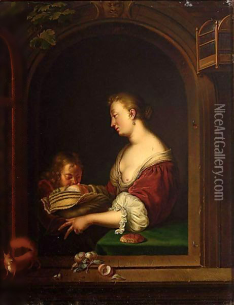 A Mother And Two Children In A Window Together With A Squirrel Oil Painting - Willem van Mieris