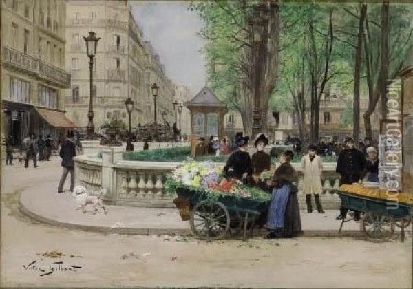 Marchande De Fleurs Et Des Fruits Dans Un Square A Paris Oil Painting - Victor-Gabriel Gilbert